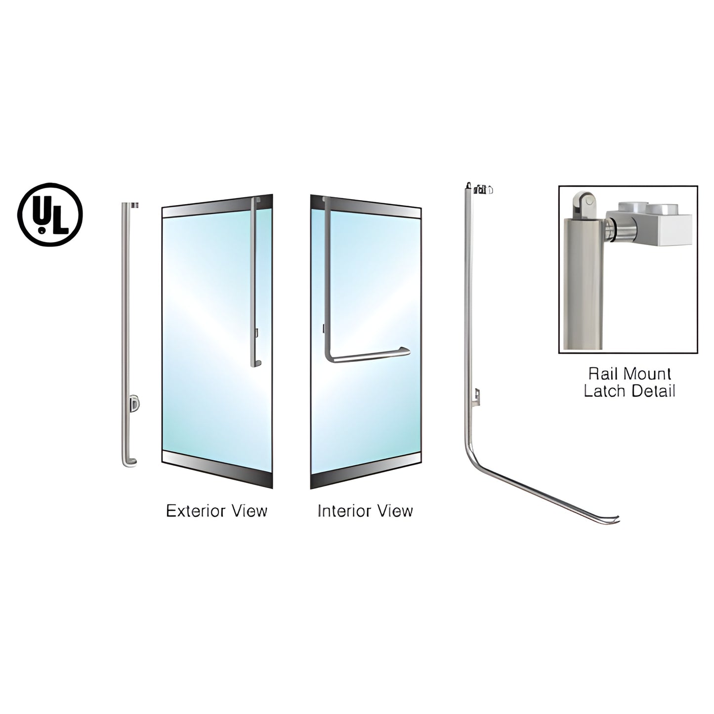 Brushed stainless panic rail PA100J4LKBS for tempered glass doors, ADA 1-1/4" tube; interior/exterior views.