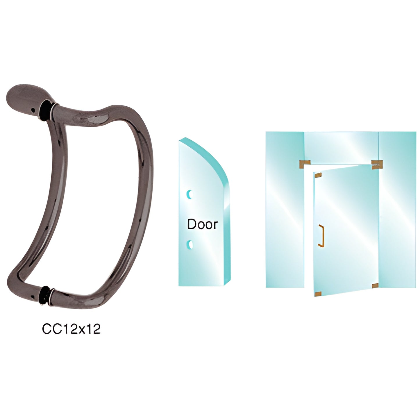 CC12x12DU curved black bronze glass-mounted pull handle for 3/8-3/4" tempered glass doors, back-to-back mount.
