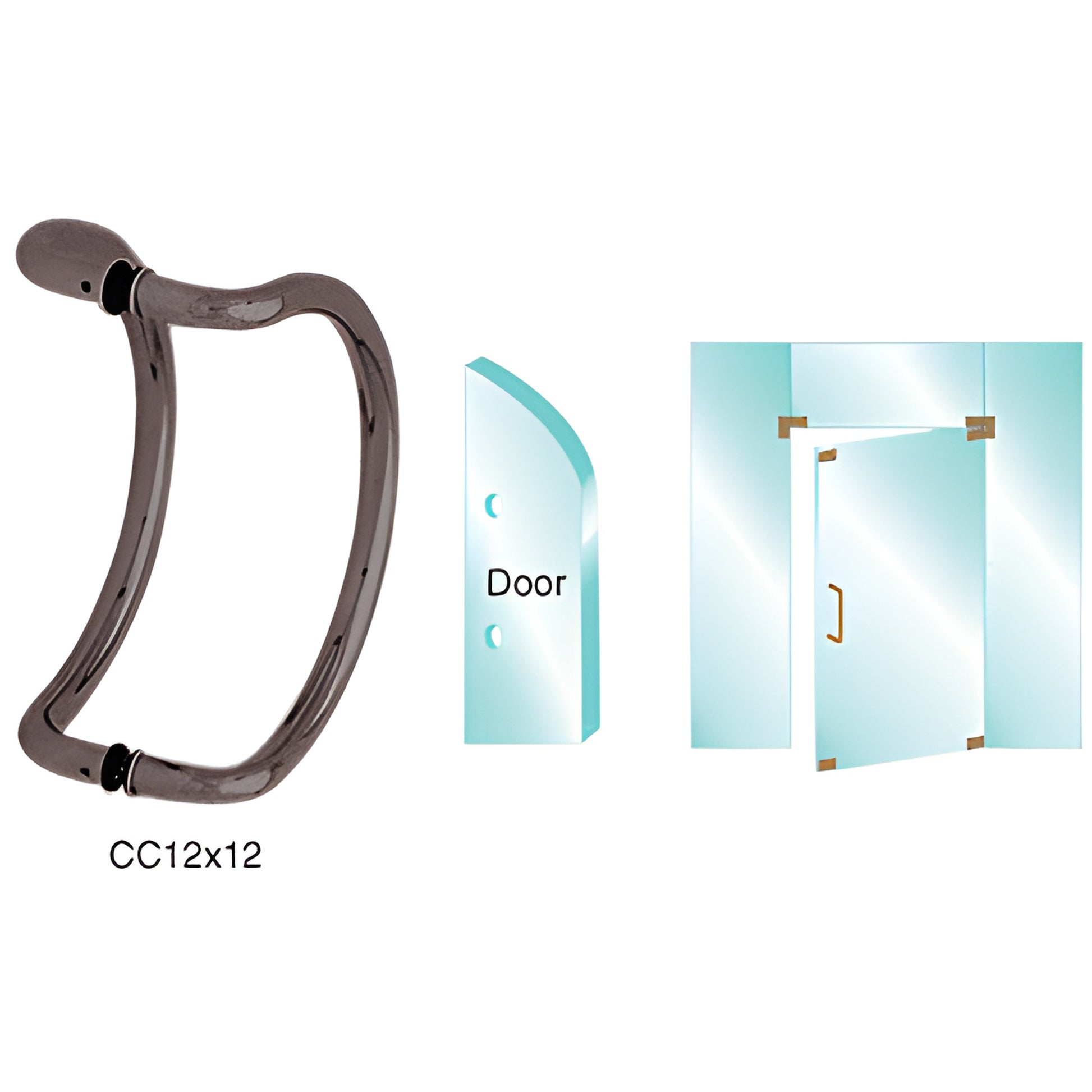 CC12x12DU curved black bronze glass-mounted pull handle for 3/8-3/4" tempered glass doors, back-to-back mount.