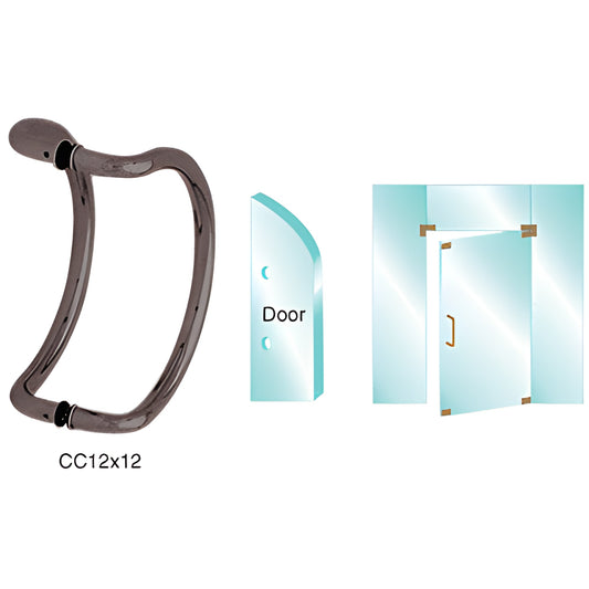CC12x12DU curved black bronze glass-mounted pull handle for 3/8-3/4" tempered glass doors, back-to-back mount.