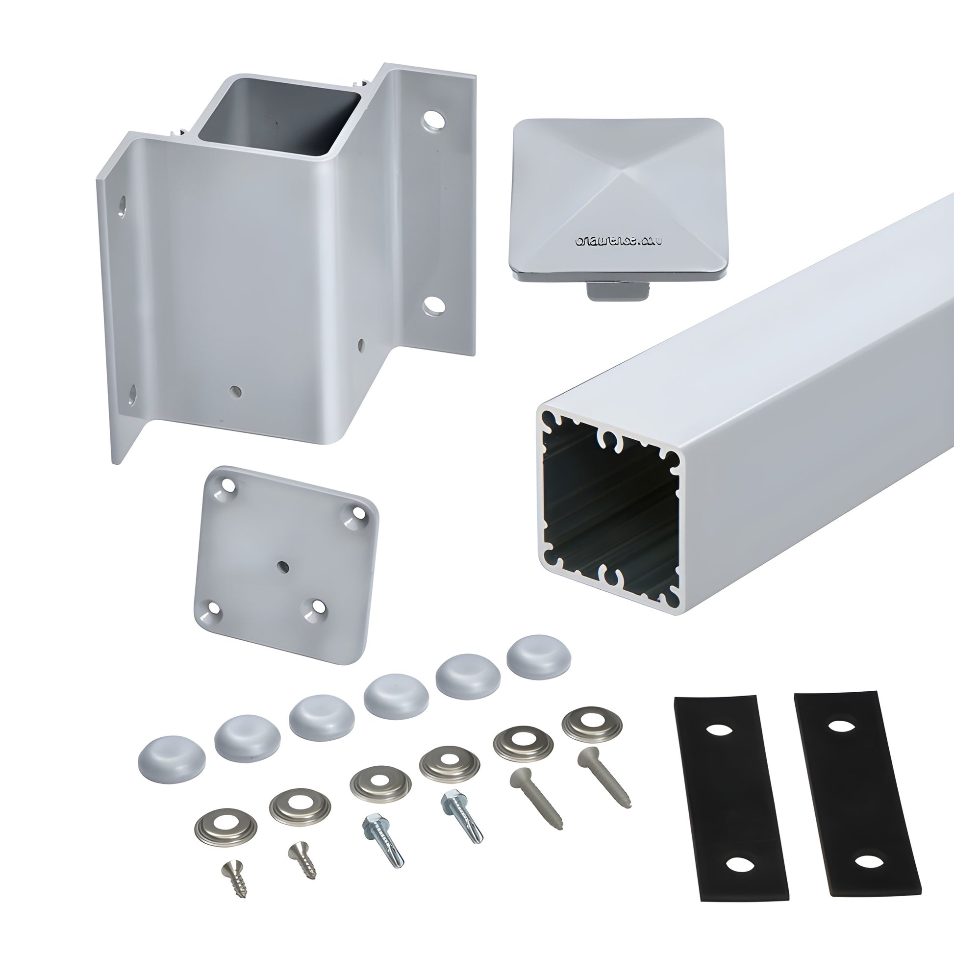 90 inside corner fascia mount post kit, clear anodized aluminum, post, bracket, cap and hardware - SKU 1FP9148KCA
