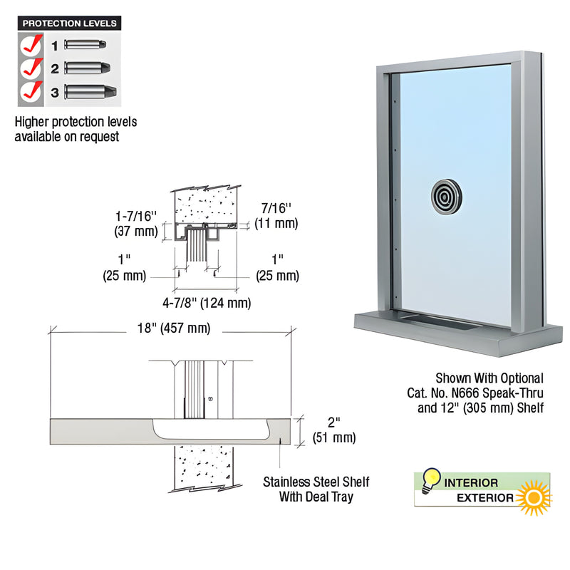 CRL S1EW18A satin-anodized exterior inset security window with glazing, stainless 18" shelf and bullet resistant deal tray