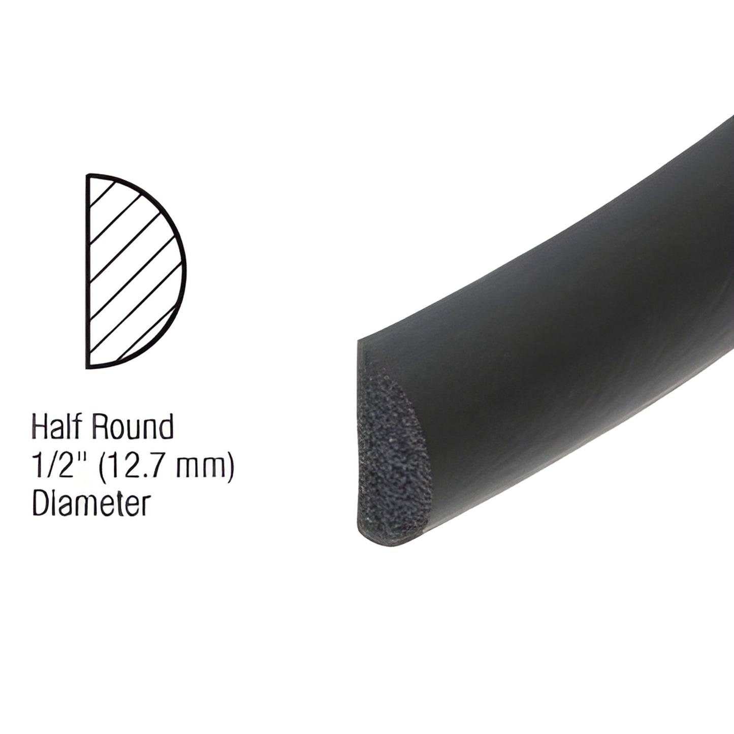 Black half-round foam weatherstrip 1/2" (12.7 mm), 50 ft roll for door/window seals, SKU AV4738.