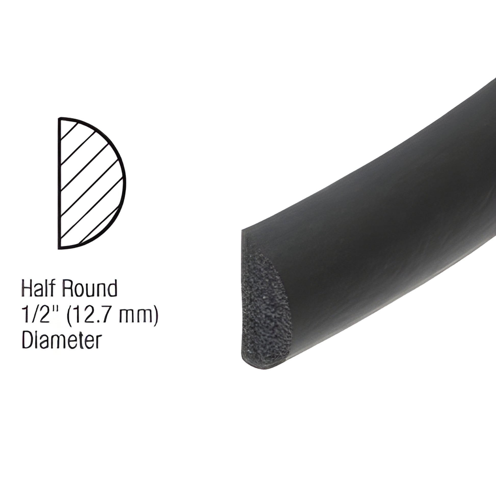 Black half-round foam weatherstrip 1/2" (12.7 mm), 50 ft roll for door/window seals, SKU AV4738.