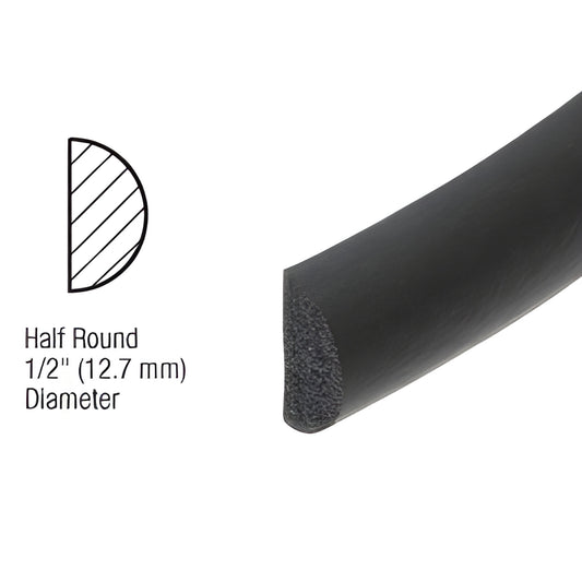 Black half-round foam weatherstrip 1/2" (12.7 mm), 50 ft roll for door/window seals, SKU AV4738.