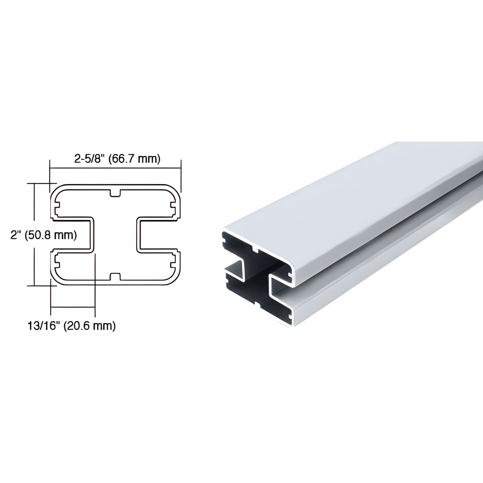 Aluminum windscreen post SP72M, mill finish, 72 in, square profile, 2" H 2-5/8" W, cross-section sketch.