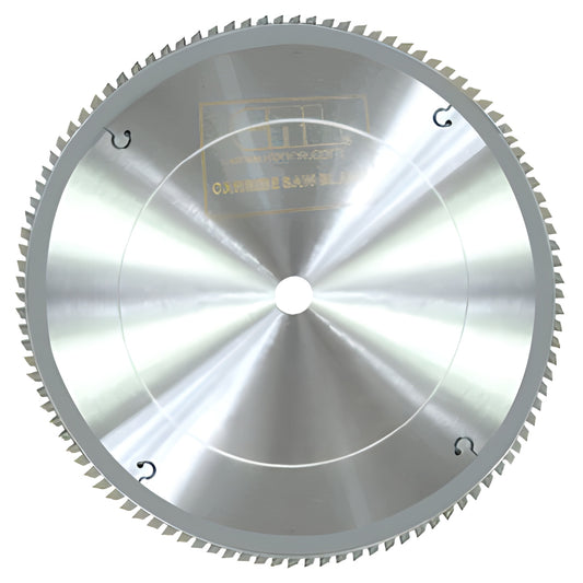12" 120-tooth carbide-tipped saw blade (SKU CT12X120), 5/8" arbor-for aluminum, copper, brass, nonferrous metals.
