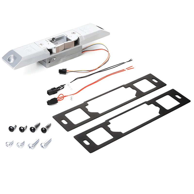 Adams Rite 74R1 electric strike (SKU AR74R1A) with wiring, two black mounting faceplates and screws on white background