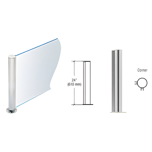 24" H brushed stainless round corner glass partition post with U channel for 3/8" (10mm) glass, SKU PP082438LBS