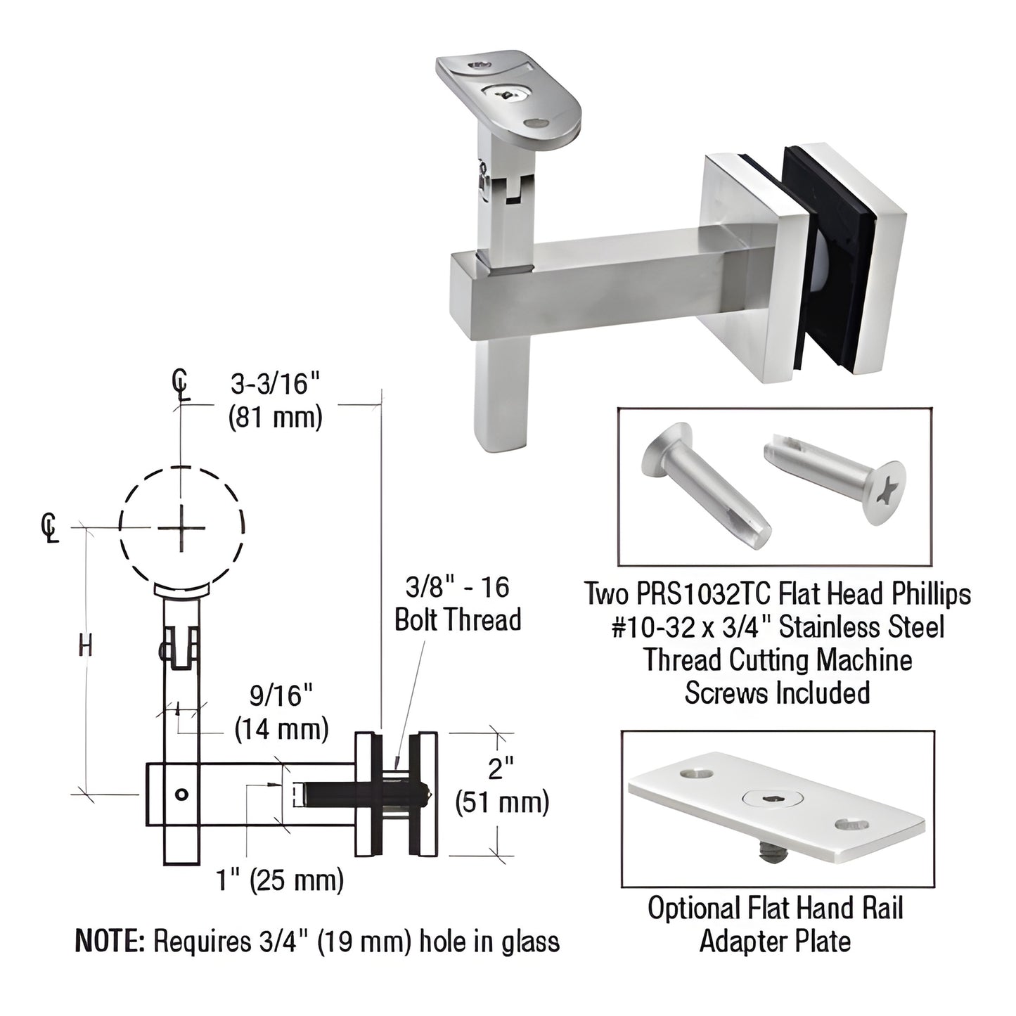 HR7EGBS stainless steel adjustable glass-mounted handrail bracket for 1/2-1-1/16" glass, fits 1.5-2" rails, requires 3/4" hol