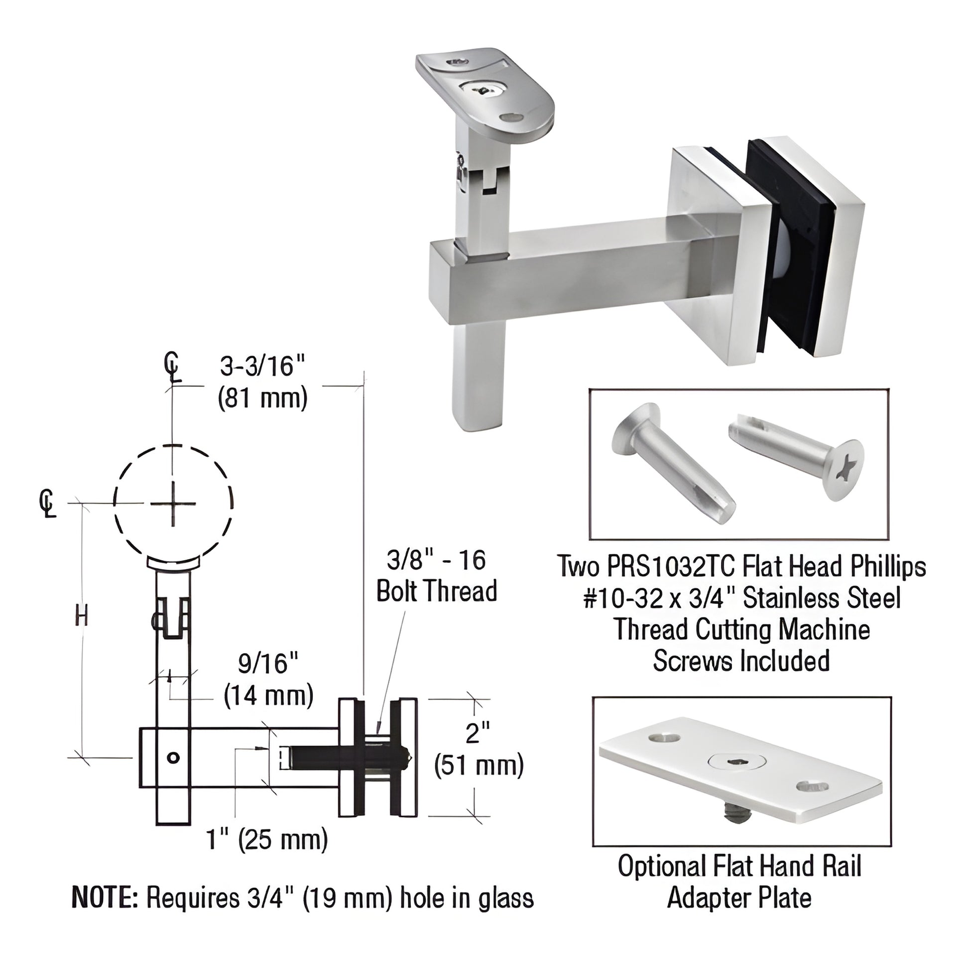 HR7EGBS stainless steel adjustable glass-mounted handrail bracket for 1/2-1-1/16" glass, fits 1.5-2" rails, requires 3/4" hol