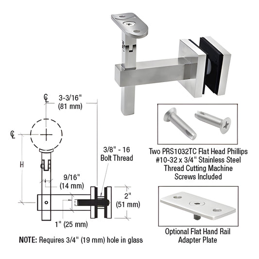 HR7EGBS stainless steel adjustable glass-mounted handrail bracket for 1/2-1-1/16" glass, fits 1.5-2" rails, requires 3/4" hol