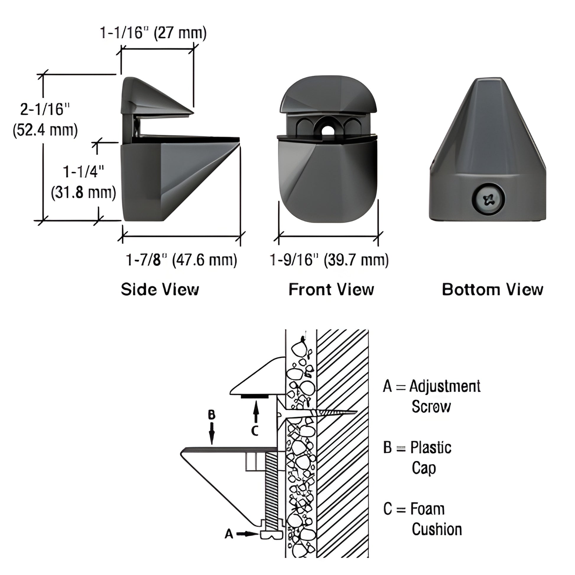 DL631BL gloss black zinc adjustable shelf clamp for 3-24mm glass/wood shelves; side, front, bottom views and install diagram