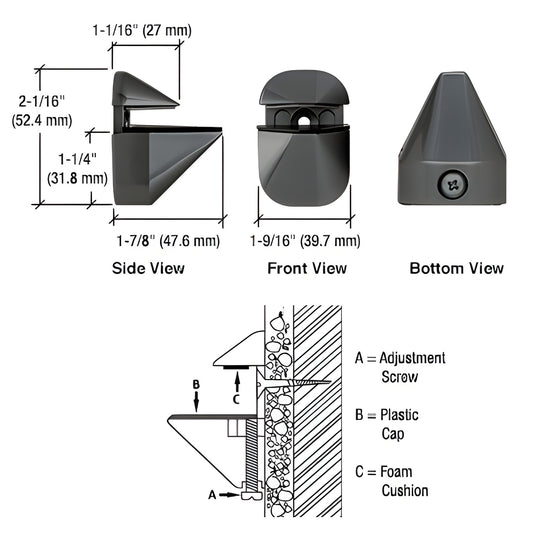 DL631BL gloss black zinc adjustable shelf clamp for 3-24mm glass/wood shelves; side, front, bottom views and install diagram
