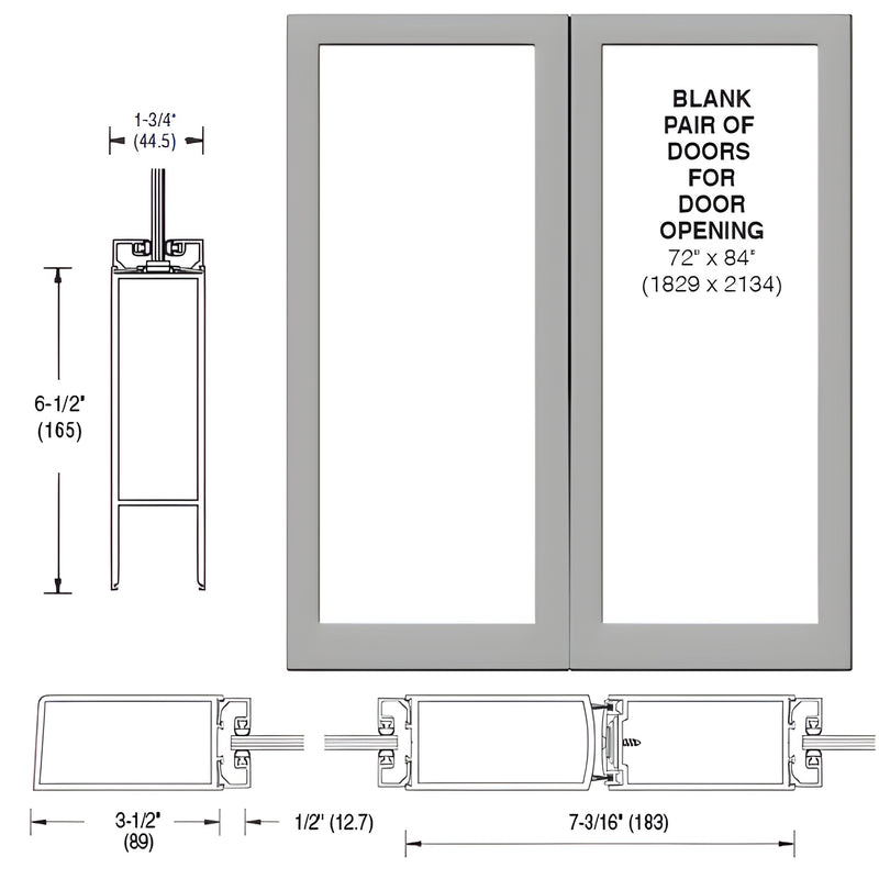 Clear anodized aluminum blank pair entrance doors 72x84, narrow center stile, accepts 1/4" tempered glass - SKU DB42611