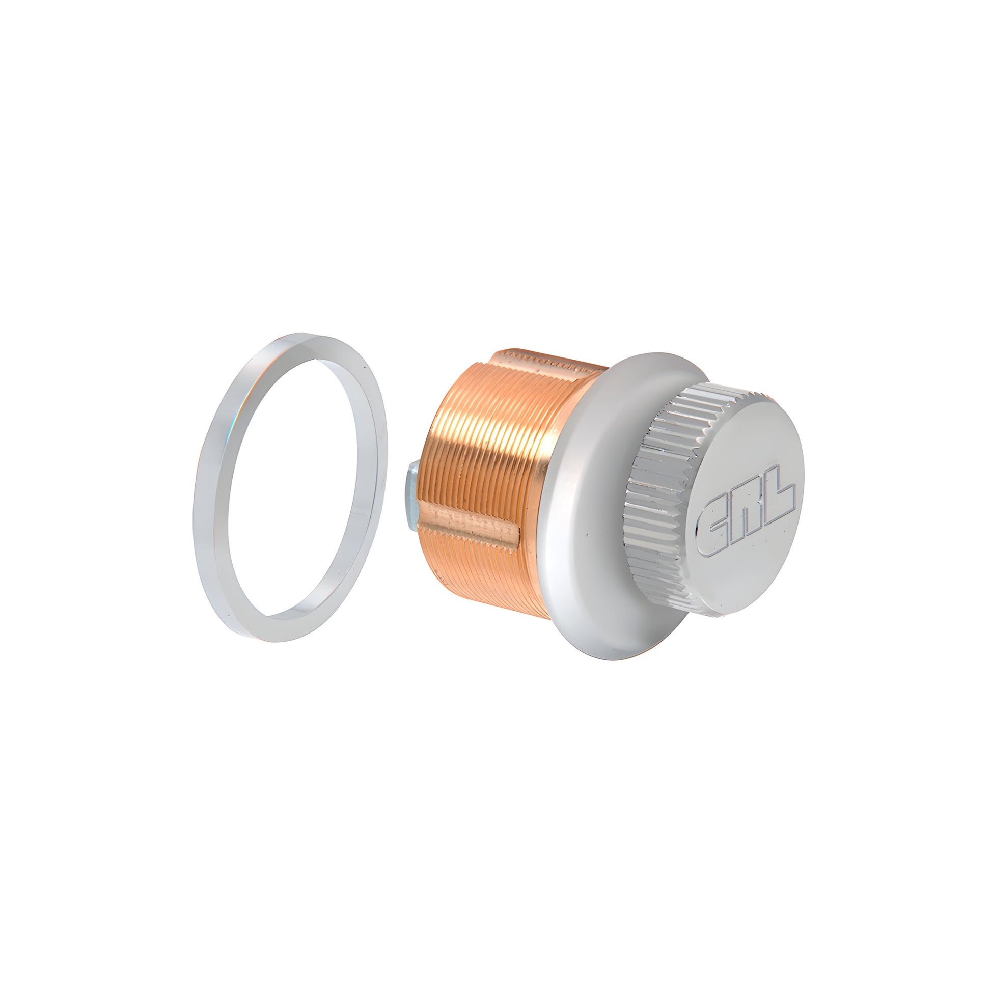 DRA22SA low-profile satin anodized brass mortise thumbturn cylinder for CRL Wedge-Lock door rails, includes trim ring.