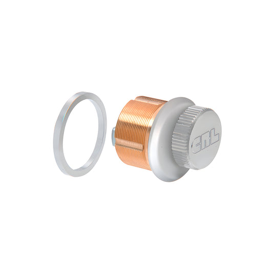 DRA22SA low-profile satin anodized brass mortise thumbturn cylinder for CRL Wedge-Lock door rails, includes trim ring.