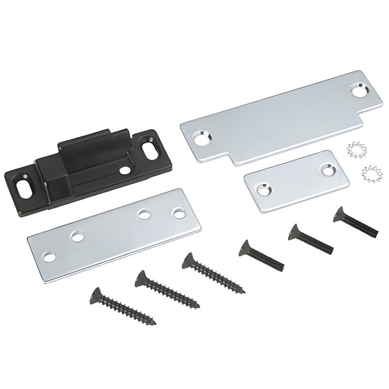 DL95STR1KE blade strike kit: satin chrome strike plates, black blade strike and screws for rim panic door device.