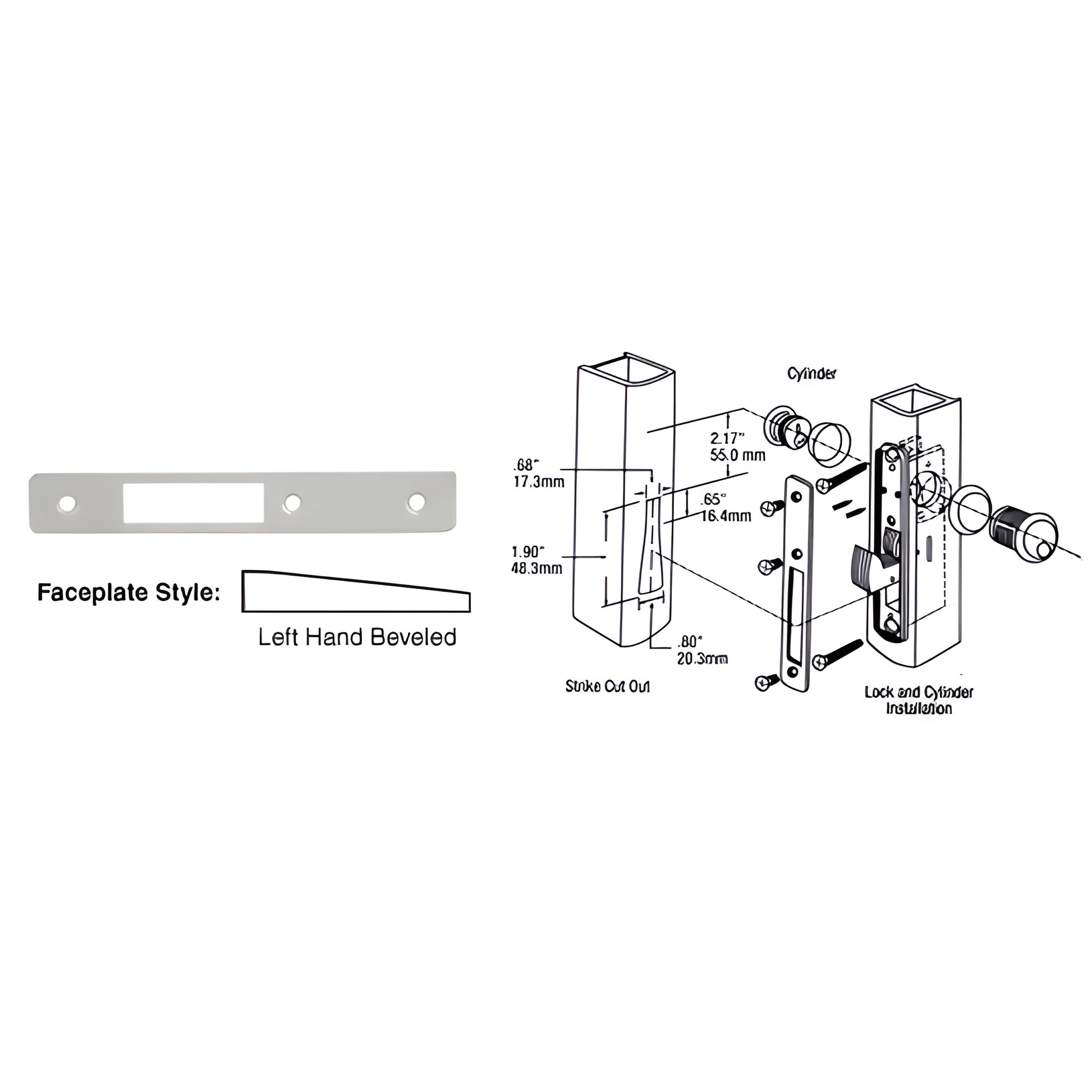 DL2134A aluminum left-hand beveled deadlock faceplate, 1" x 6-7/8", rectangular with screw holes and center latch opening.