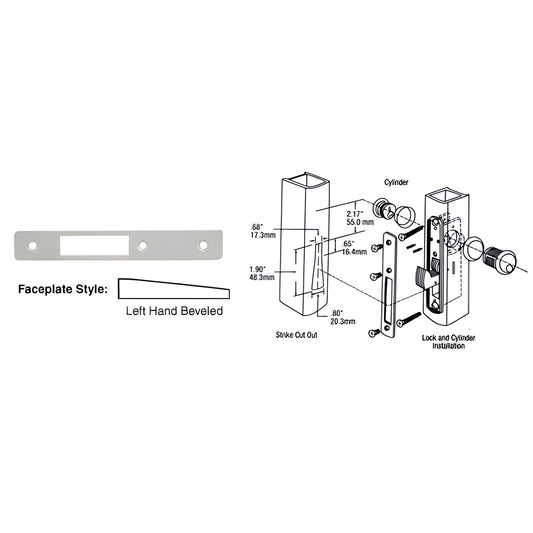 DL2134A aluminum left-hand beveled deadlock faceplate, 1" x 6-7/8", rectangular with screw holes and center latch opening.
