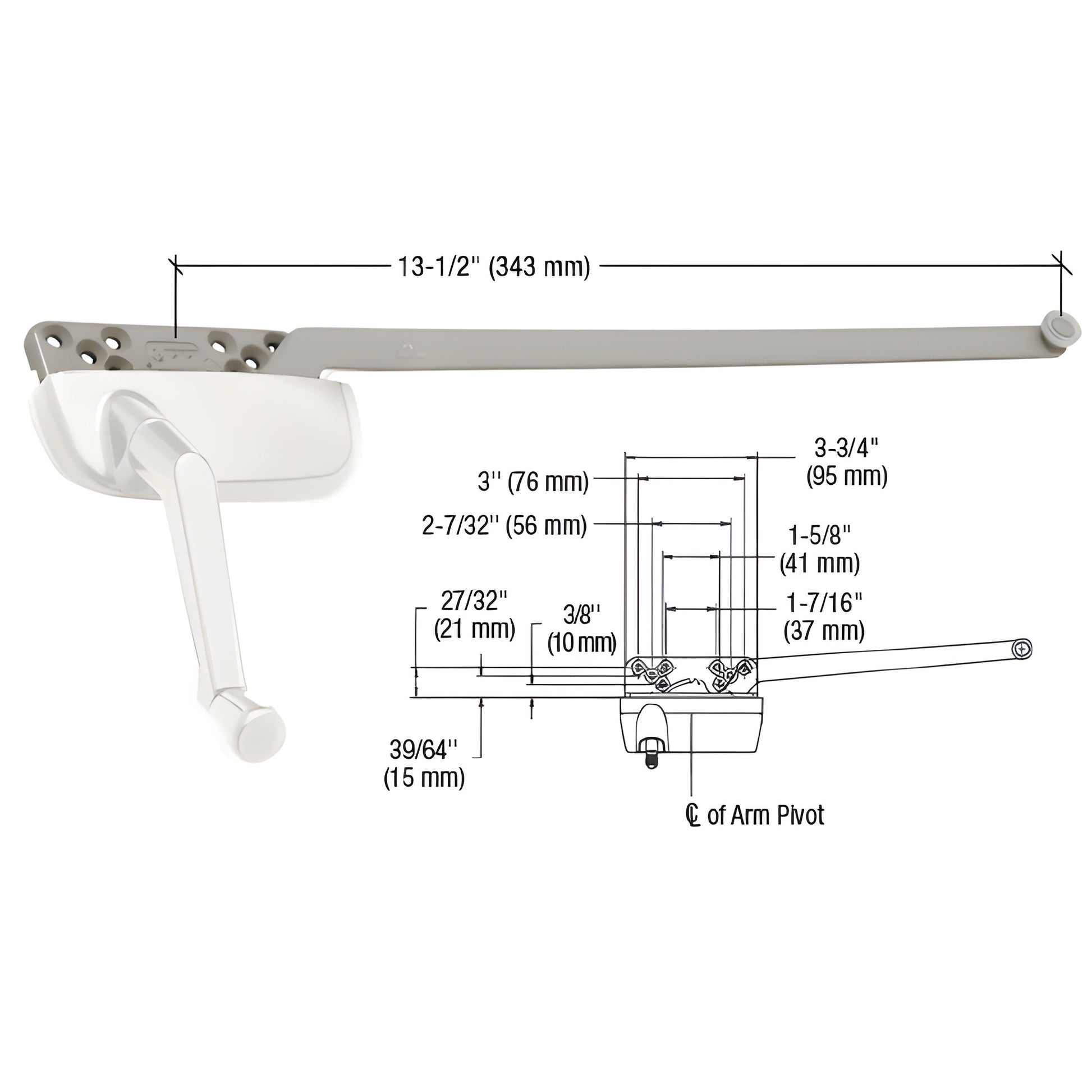 White Ellipse 13-1/2" single-arm left-hand casement operator SKU EP24198, diecast zinc body with steel arm