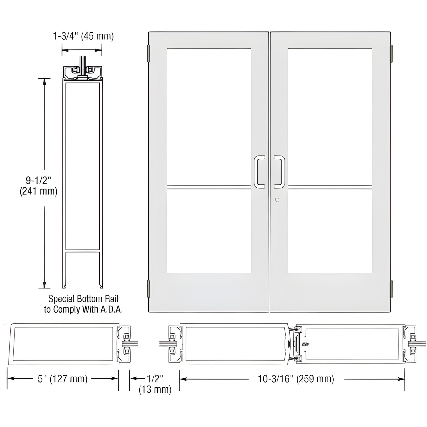 White Kynar commercial double glass entrance door (SKU DE52552) with 5" stiles, ADA 91 2" bottom rail, prepped for hardware.