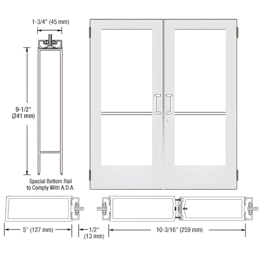 White Kynar commercial double glass entrance door (SKU DE52552) with 5" stiles, ADA 91 2" bottom rail, prepped for hardware.