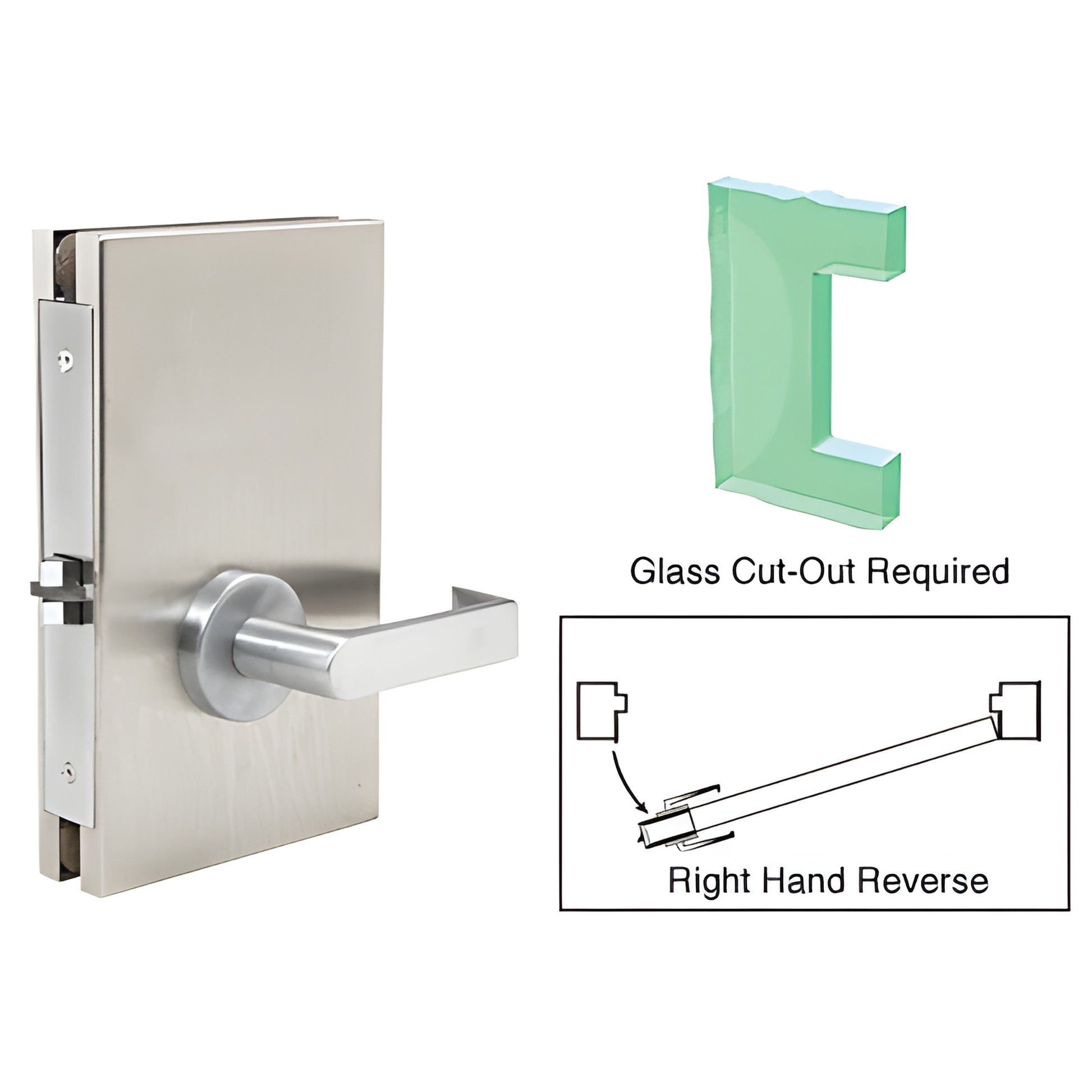 Brushed stainless steel 6x10 center lock with lever for 1/2" tempered glass doors, right-hand reverse (SKU DL611RPBS)