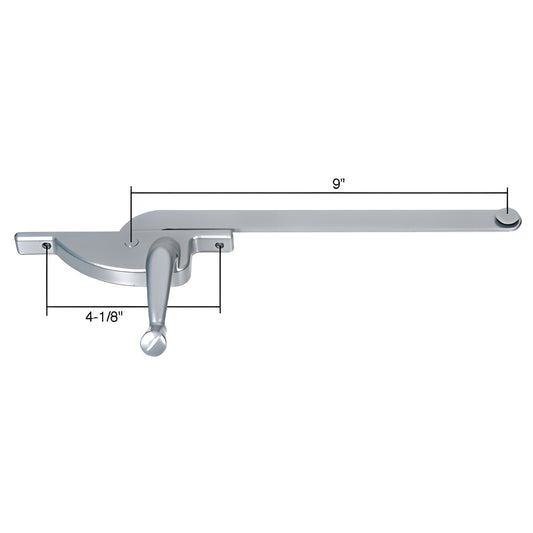 CRL WCM584 left-hand casement operator, die-cast crank with 9" stamped steel arm, 4-1/8" mount spacing, silver finish.
