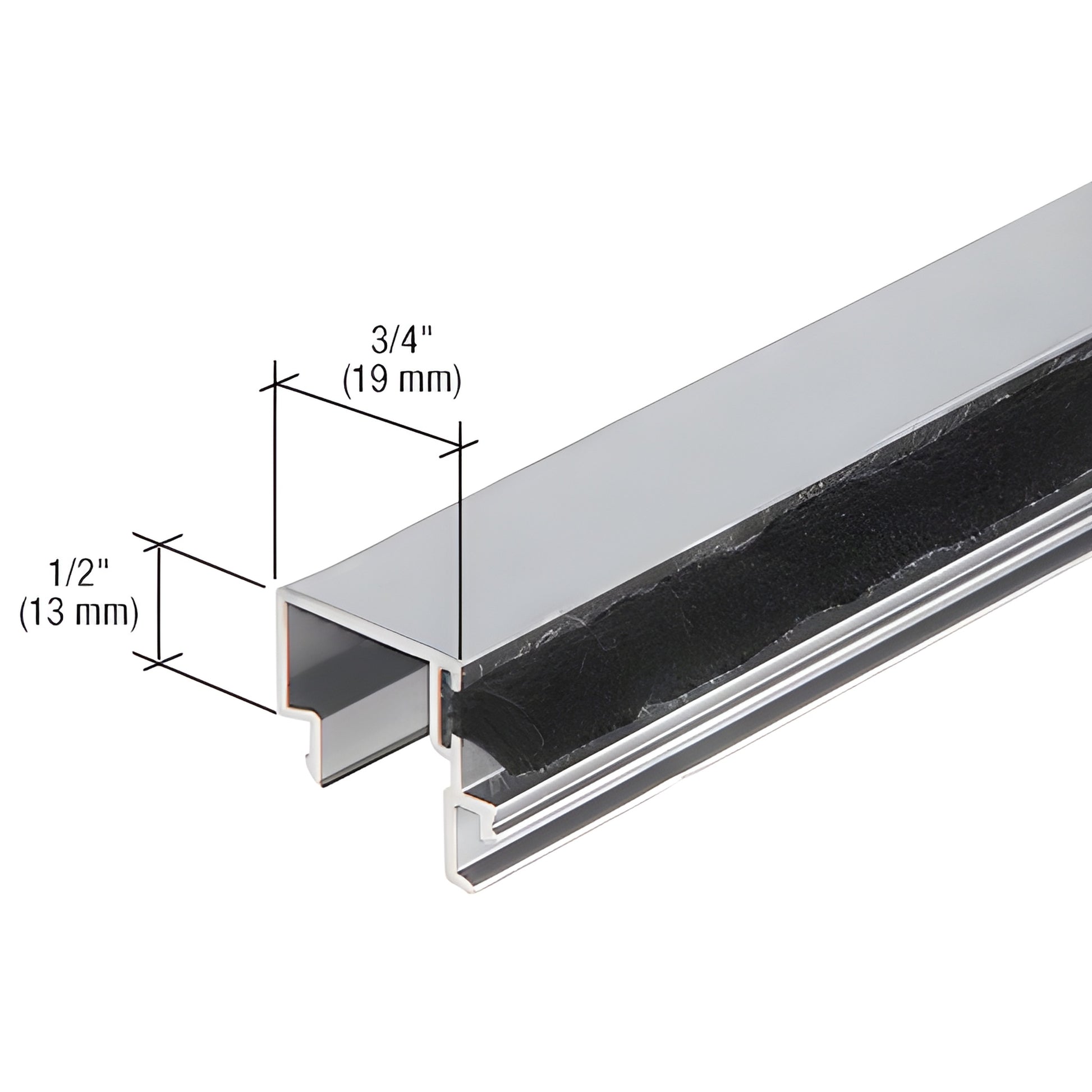 DS04011 clear anodized 6063 T5 aluminum extrusion with black integrated weatherstrip, 3/4" x 1/2" profile.