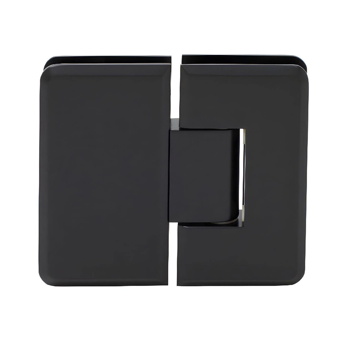 Matte black Cologne 180 glass-to-glass shower hinge, brass with beveled edges and rounded corners, fits 3/8-1/2" glass.