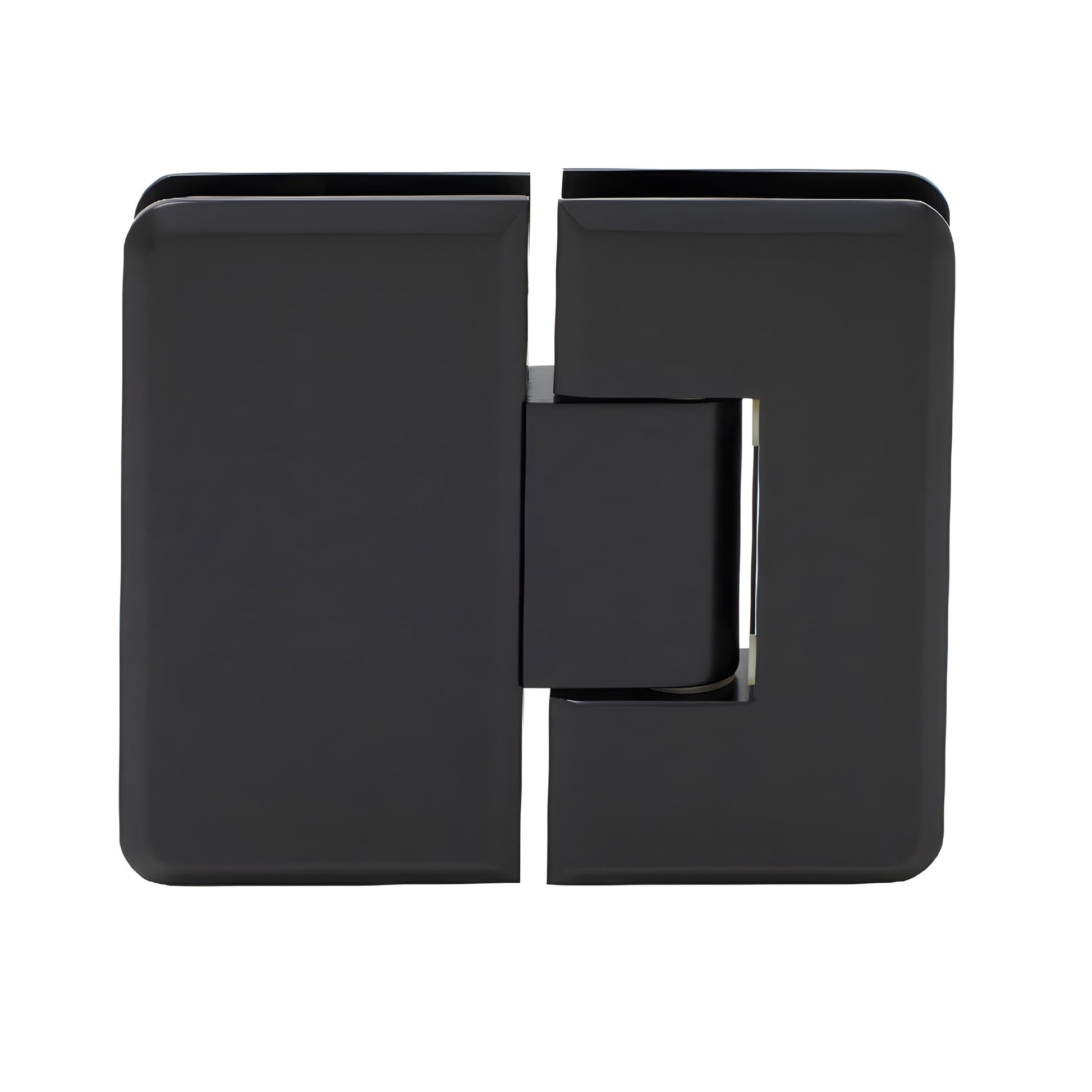 Matte black Cologne 180 glass-to-glass shower hinge, brass with beveled edges and rounded corners, fits 3/8-1/2" glass.