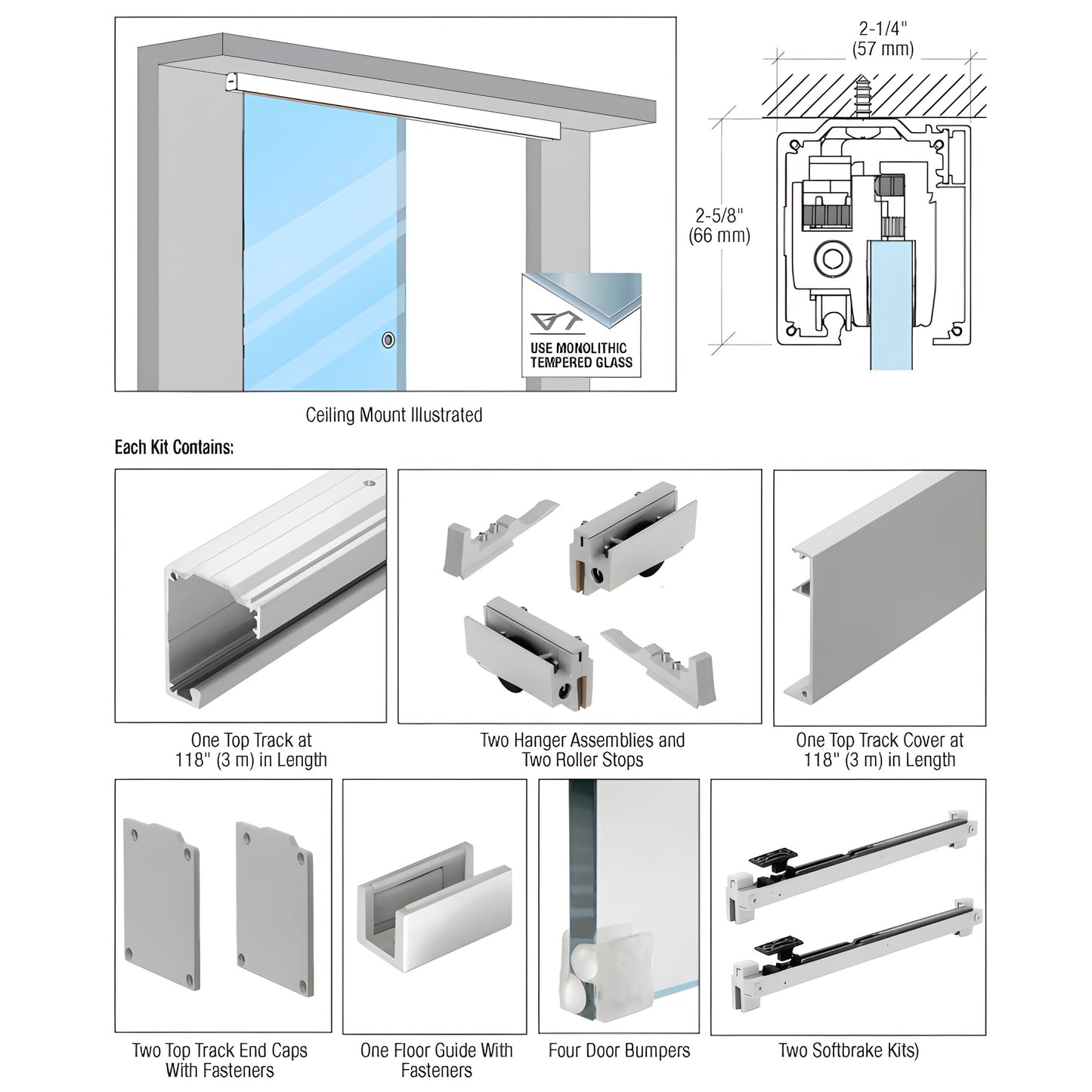 CRL28512 satin anodized top-mounted sliding glass door kit, 118" track for 1/2" monolithic tempered glass, softbrake included