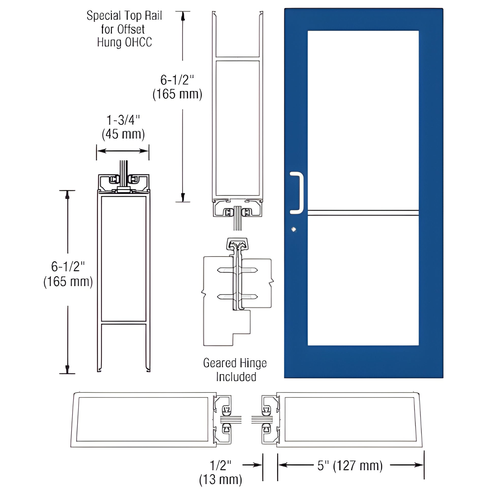 Blue wide-stile entrance door with 5" stiles, 6-1/2" bottom rail and geared hinge - SKU DC51971