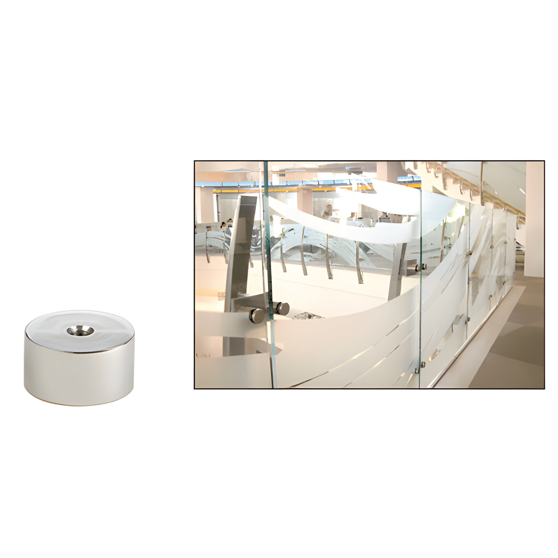 Polished 2-inch stainless steel standoff base (SKU S0B21PS) for mounting glass panels, 3/8-16 threaded.