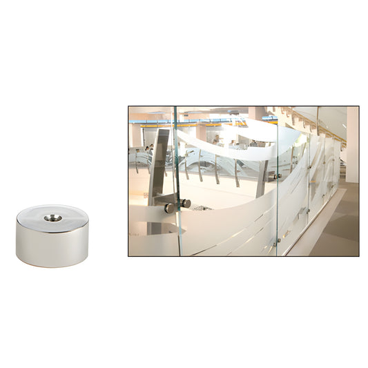 Polished 2-inch stainless steel standoff base (SKU S0B21PS) for mounting glass panels, 3/8-16 threaded.