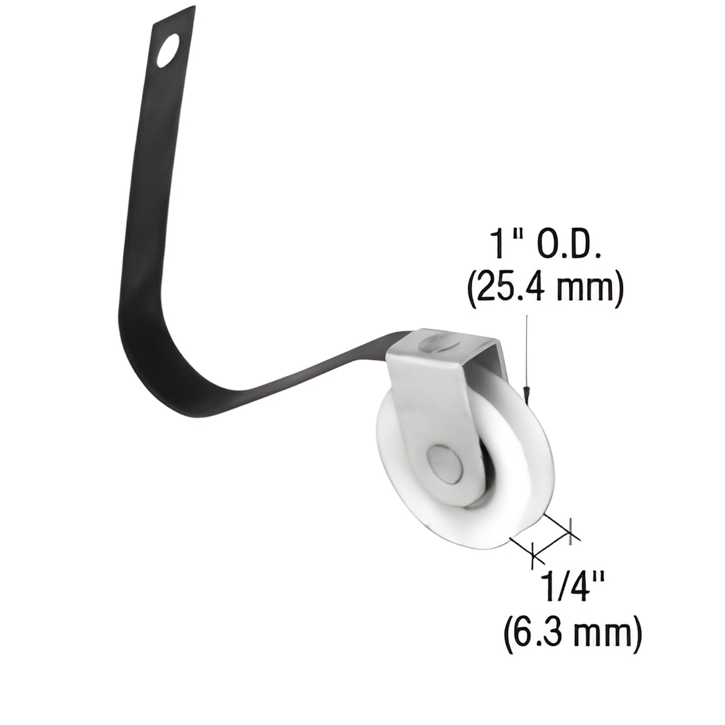 Spring tension roller (SKU B570): heat treated steel spring strap with 1" concave nylon wheel, 1/4" wide.