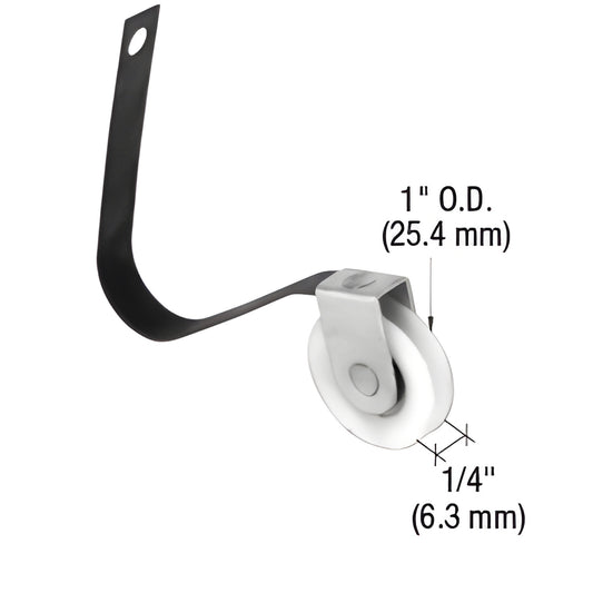 Spring tension roller (SKU B570): heat treated steel spring strap with 1" concave nylon wheel, 1/4" wide.