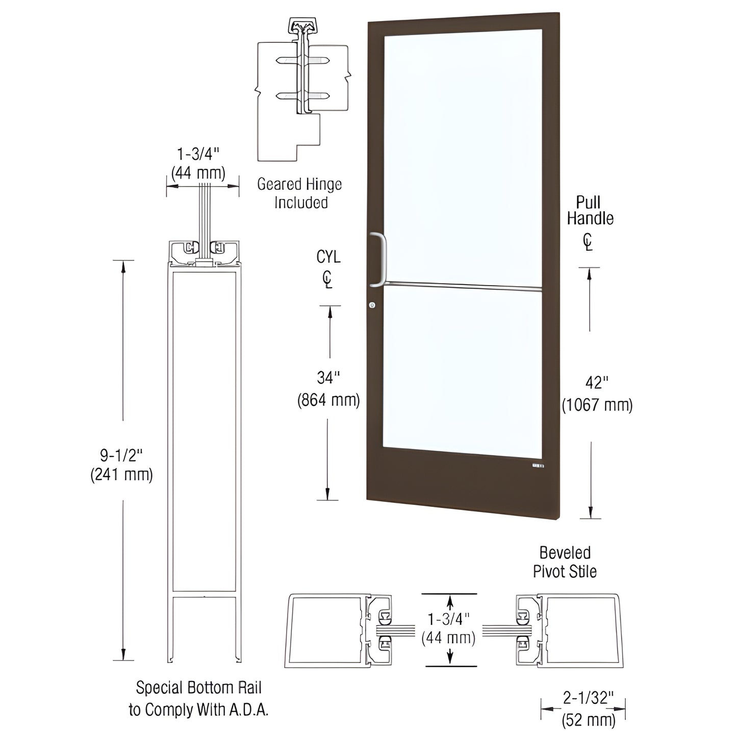 DE21822 black bronze anodized narrow-stile commercial entrance door with glass, ADA 9-1/2" bottom rail and pull handle.