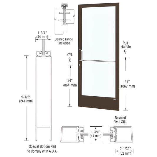 DE21822 black bronze anodized narrow-stile commercial entrance door with glass, ADA 9-1/2" bottom rail and pull handle.
