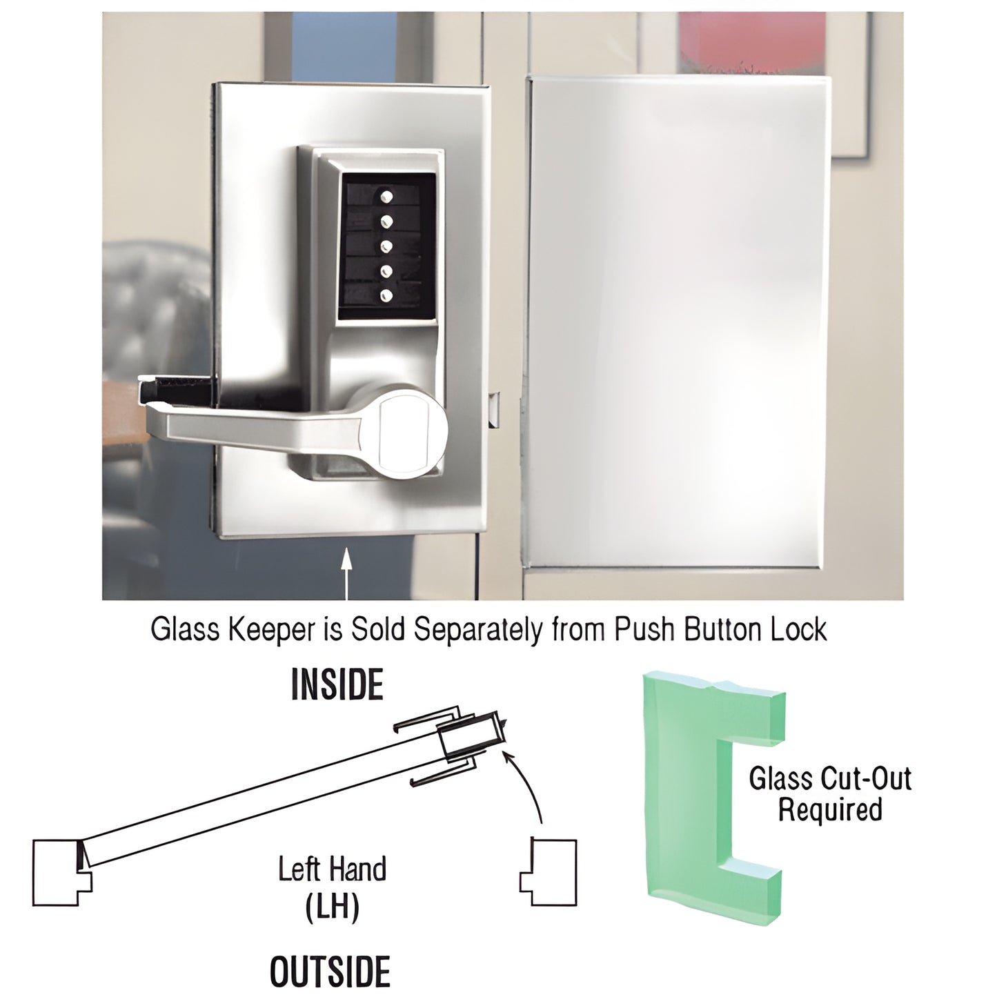 Polished stainless steel DL610LCPS push-button glass door lock, vertical 5-button keypad and interior lever, left-hand 6x10