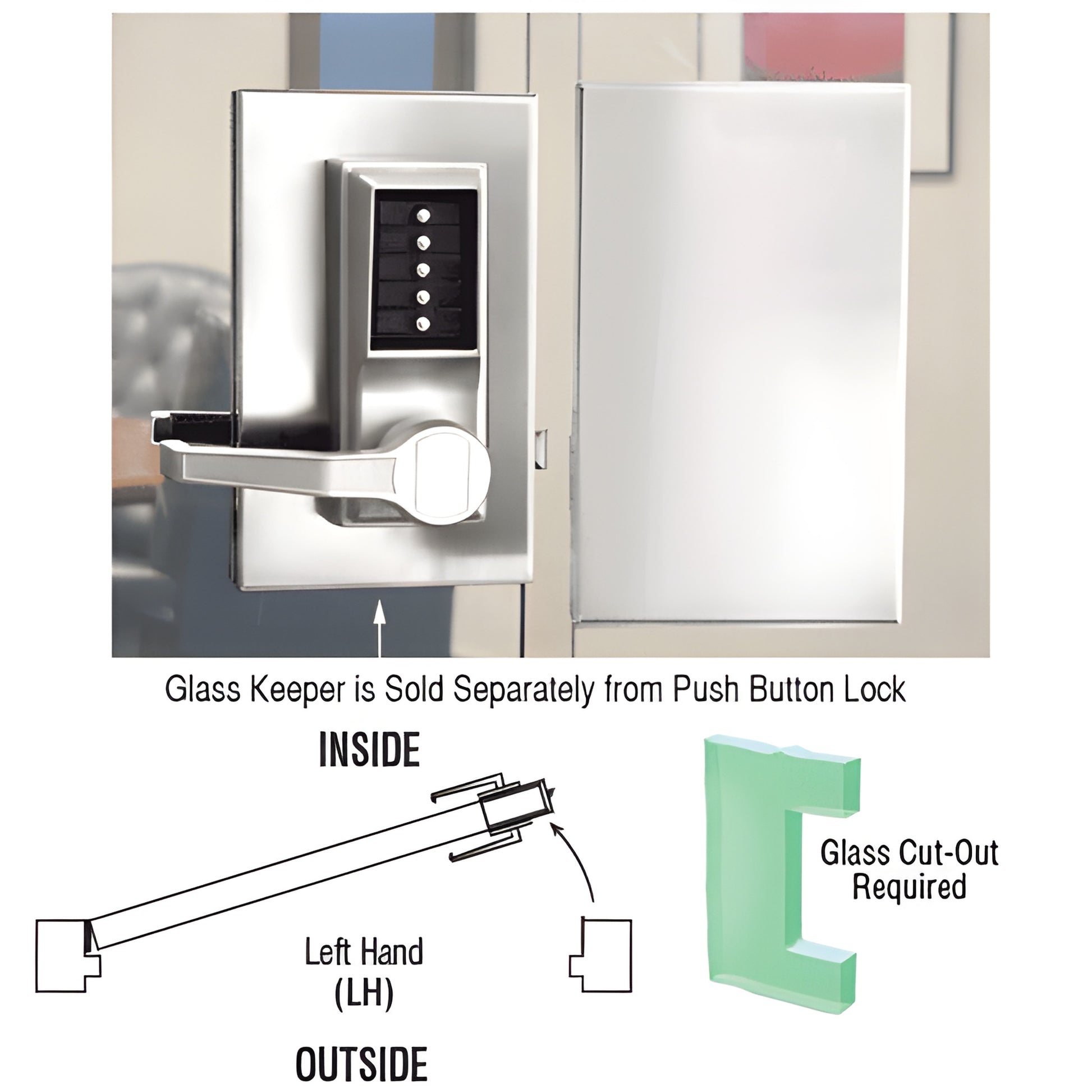 Polished stainless steel DL610LCPS push-button glass door lock, vertical 5-button keypad and interior lever, left-hand 6x10