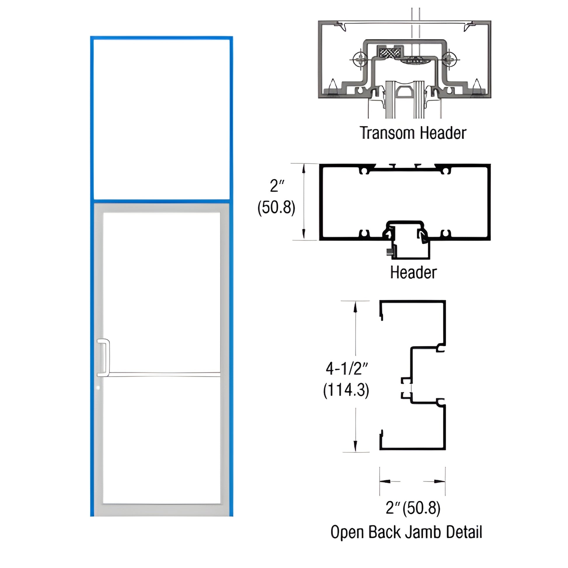Custom Kynar aluminum 2" x 4-1/2" commercial transom frame with open back jambs and threshold (SKU 1B91571)