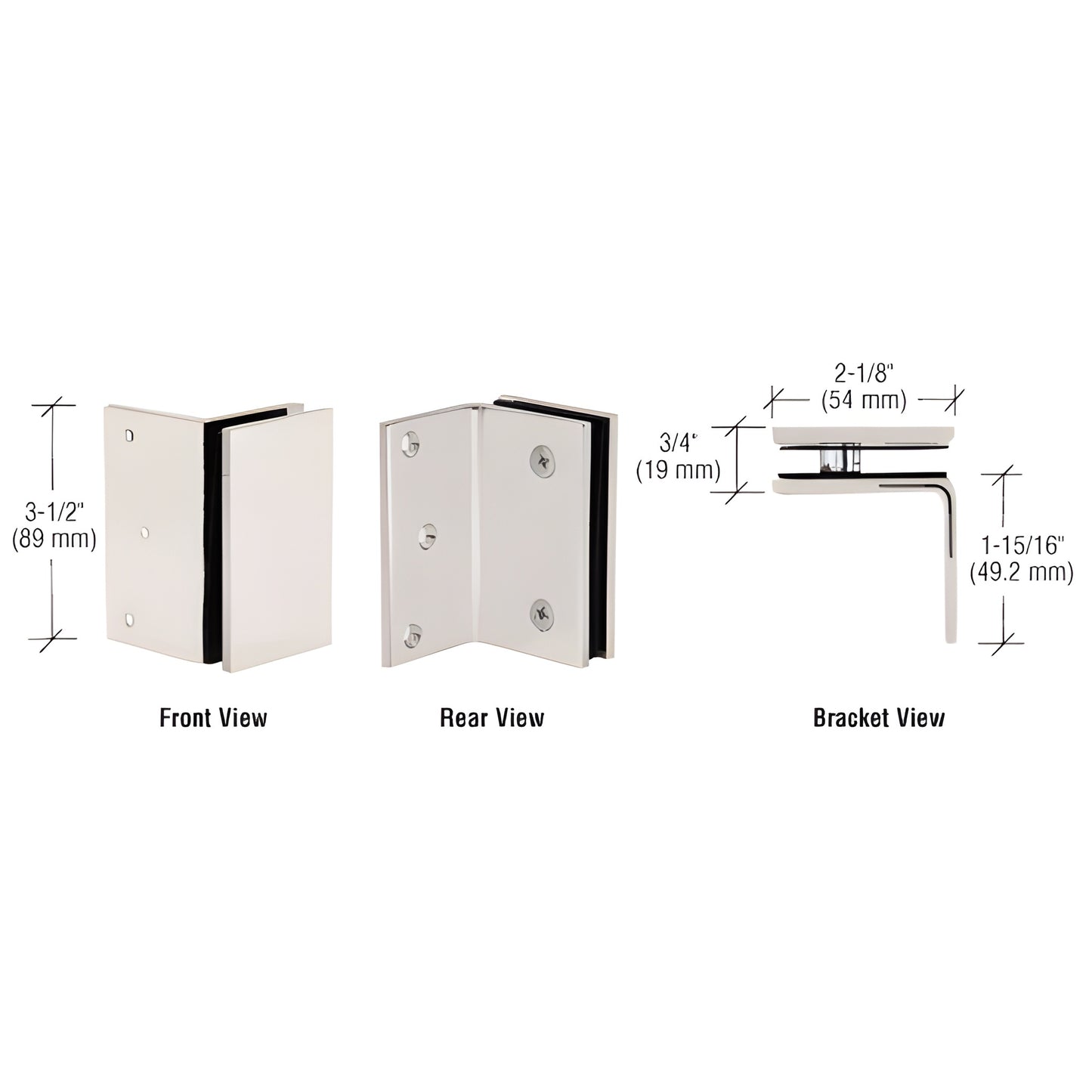 GE90SSN satin nickel solid-brass wall-mount glass bracket, square-corner clamp for 8-12mm (5/16-1/2") glass.