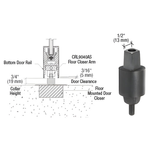 CRL9050S18 floor closer spindle, black aluminum tapered spindle with 3/4" collar height and 1/2" top hole