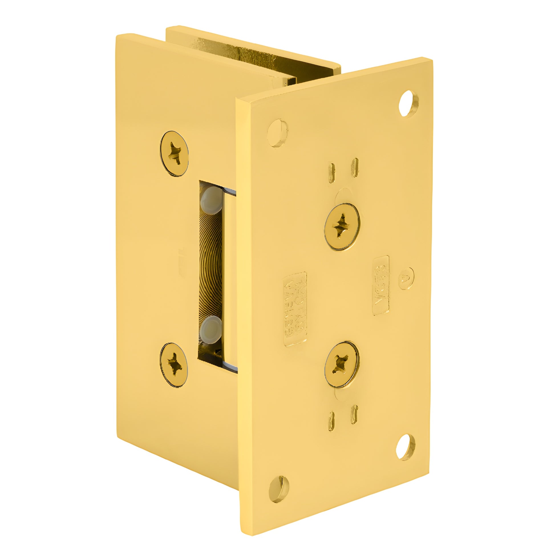 VCT037ULBR unlacquered brass wall-mount shower door hinge for 3/8-1/2" glass, solid brass, polished gold finish.