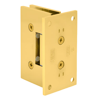VCT037ULBR unlacquered brass wall-mount shower door hinge for 3/8-1/2" glass, solid brass, polished gold finish.