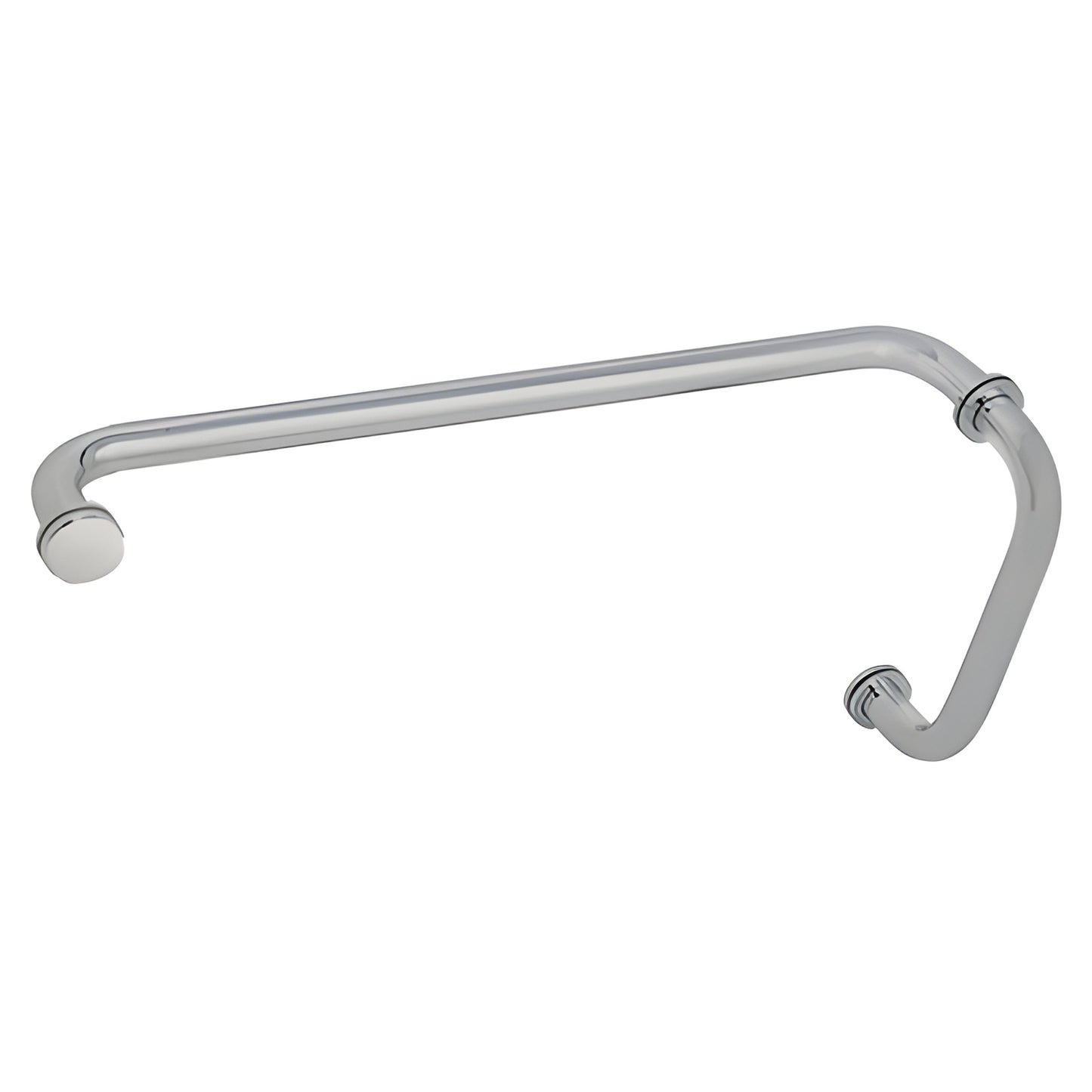BM8X20BN brushed nickel 3/4" tubular brass shower door pull with 8" pull and 20" towel bar, glass-mount hardware.