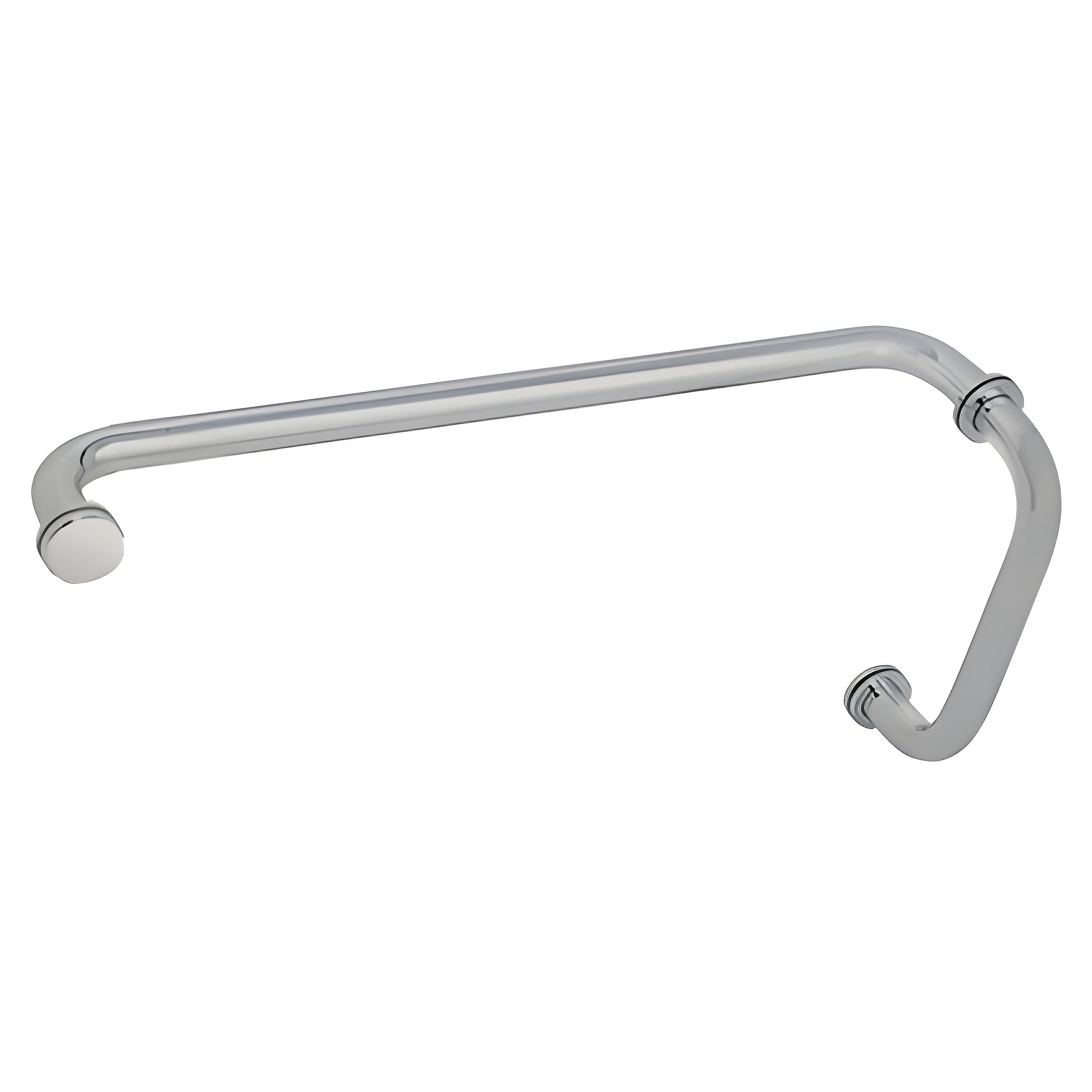BM8X20BN brushed nickel 3/4" tubular brass shower door pull with 8" pull and 20" towel bar, glass-mount hardware.