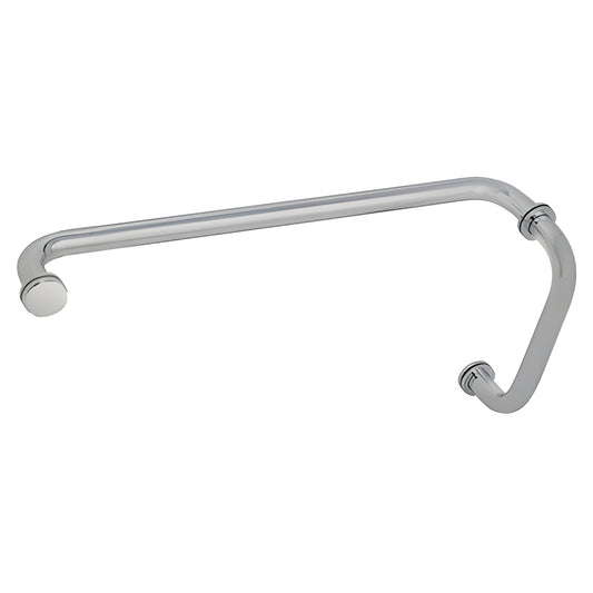 BM8X20BN brushed nickel 3/4" tubular brass shower door pull with 8" pull and 20" towel bar, glass-mount hardware.